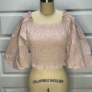 NWT  ruched cropped top with bell sleeves and ruffles at hem and neckline